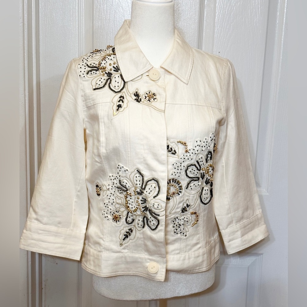 Coldwater Creek Jacket Blazer Embroidered Green Beads Cream Long Sleeve Sz 6